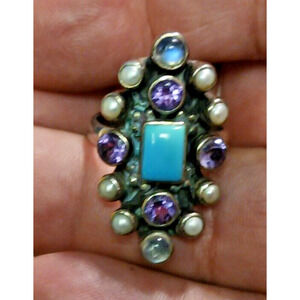 VINTAGE STERLING SILVER TURQUOISE , PEARL, NB (NICKY BUTLER) RING AND3071